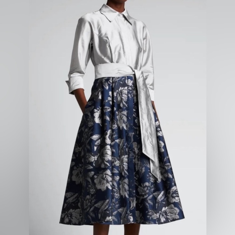 Teri Jon Silver and Blue Cuffed Sleeve Midi Dress